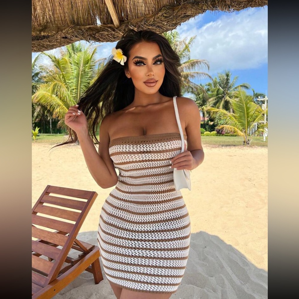 Tan Women's Stripe Contrast Color Strapless Sweater Dress beach crochet
